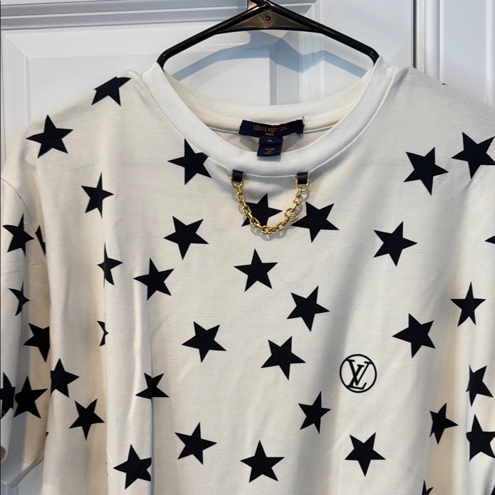 Louis Vuitton Black Star Pattern Tee with Gold Chain